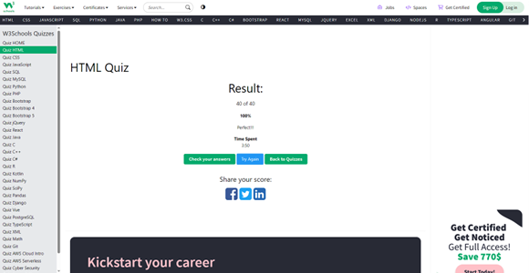 Screenshot of 100% result on html quiz