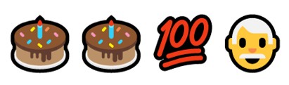 Two birthday cake emojis followed by the number 100 and then a old man emoji