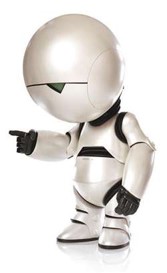 A white with black joints humanoid robot. The head is a large sphere out of proportion with the rest. Has eyes that constantly appear miserable.