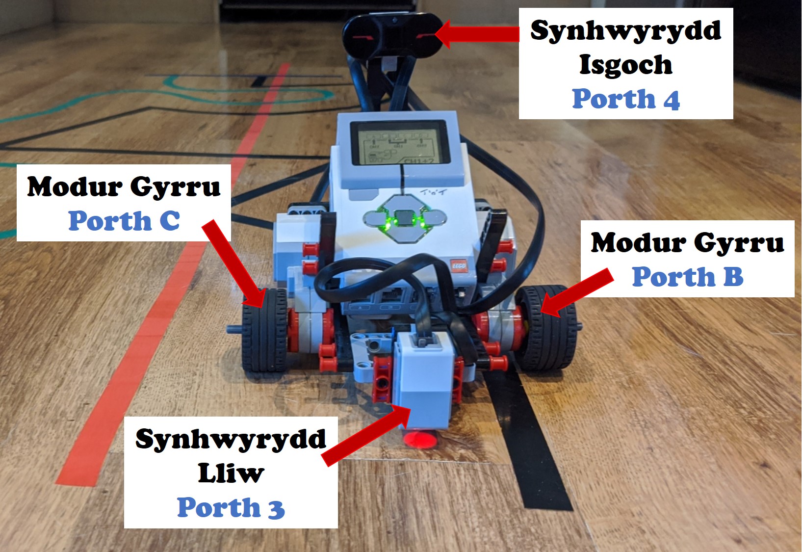 The specifications of the Johnny build. It's right wheel is powered by a motor in port C whilst the right is also motorised but through port B. A colour sensor mounted on the front pointing at the floor is connected to Port 3. An InfraRed sensor is facing forward mounted at the back and top, connected to Port 4