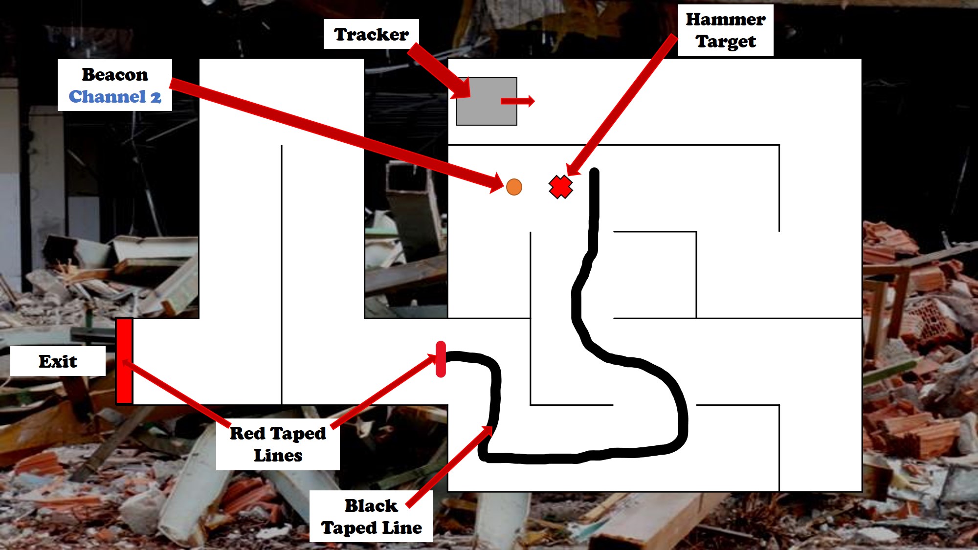 The tape line has been extended and then terminates with the red line at the start of a corridor with right-angled corners in both directions before the new exit
