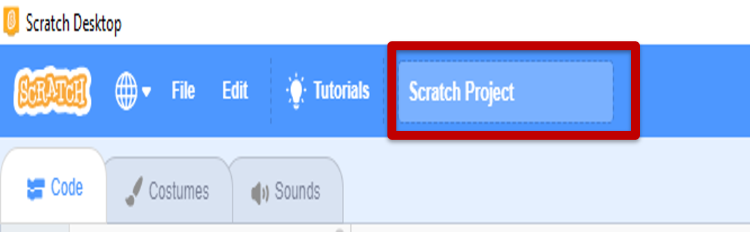 A red square highlighting the file name field on the Scratch toolbar