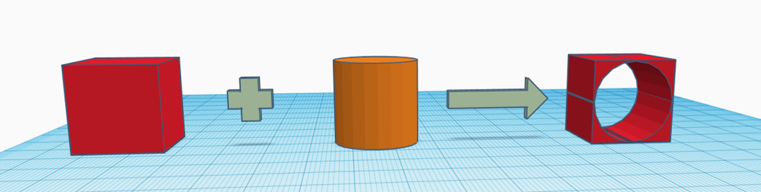 A red cube and an orange cylinder to create a red cube with a cylindrical hole through it