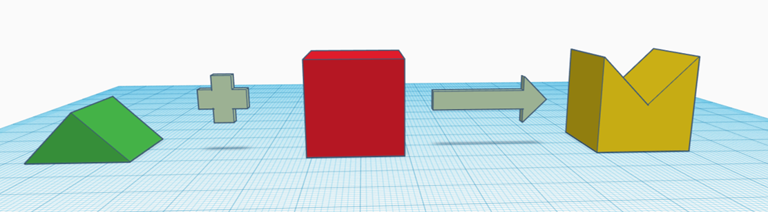 A green roof (triangular prism) and a red cube to create a yellow cube with a triangular notch through the top surface