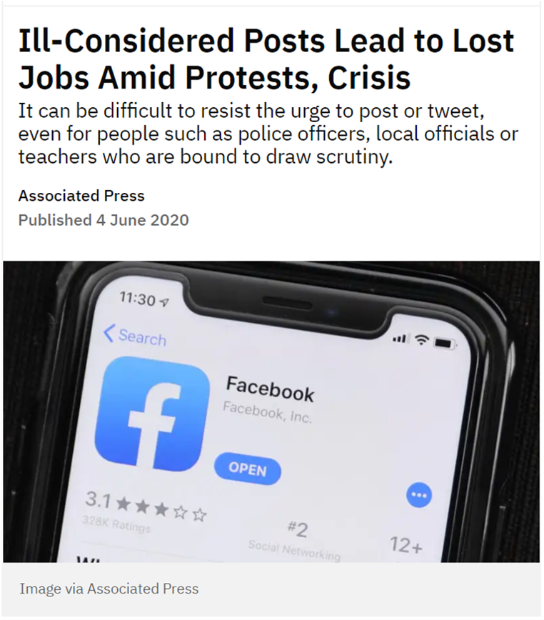 News Headline: Ill-Considered Posts Lead to Lost Jobs Amid Protests, Crisis