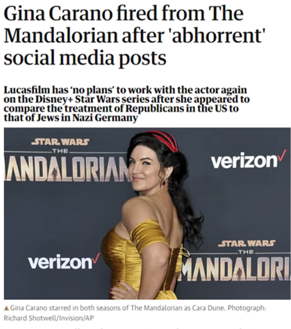 News Headline: Gina Carano fired from The Mandalorian after 'abhorrent' social media posts