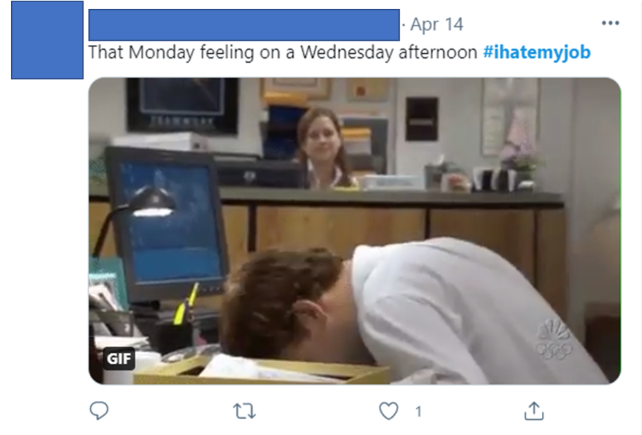 A tweet with #ihatemyjob and a GIF showing a man face-planting his keyboard in an office environment
