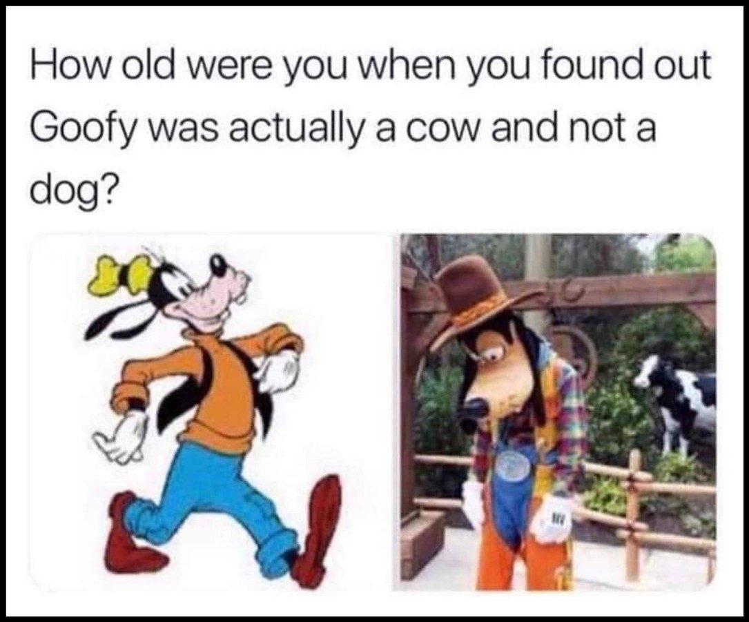 A social media post claiming that the cartoon character of Goofy is not a dog, but rather a cow