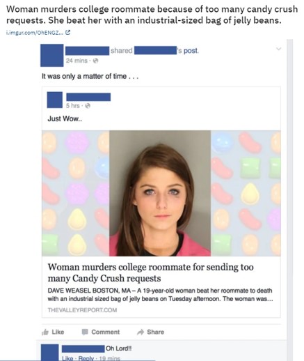 A Facebook post about a woman murdering her college roommate because she'd sent her too many Candy Crush game invites. According to this post, she beat her to death with an industrial sized bag of jellybeans
