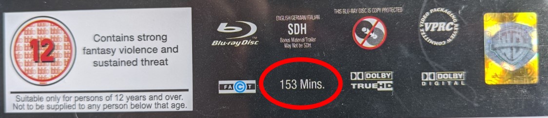 Example back of Blu-ray box featuring runtime in minutes