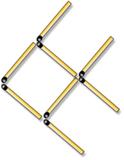 A diamond made up of four matchsticks. Two additional matchsticks make up it's tail to the right forming a cross with the two matchsticks making up the right half of the diamond. The fins are made up of two more matchsticks, one from the top of the diamond heading diagonally up and to the right, the other from the bottom of the diamond heading diagonally down and to the right. All angles at connections are 90° or 180°
