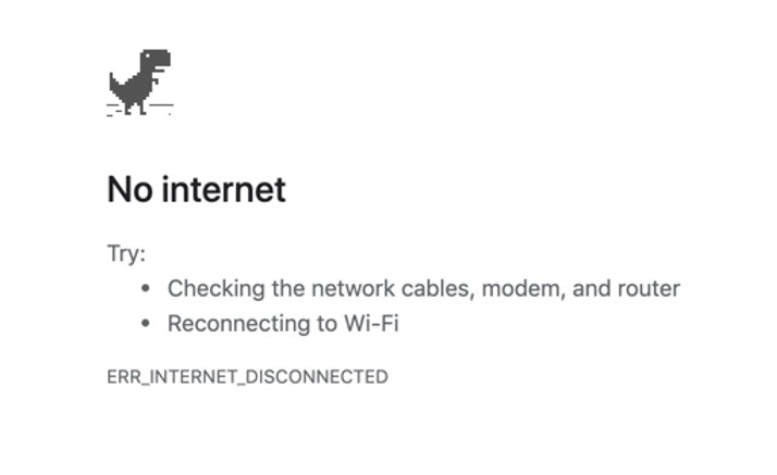 The default 'No Internet' display page for Google Chrome featuring a pixelated dinosaur