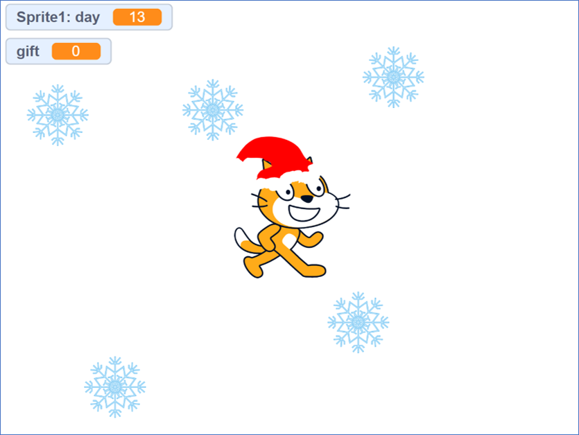 A ginger cat in a Santa hat surrounded by snowflakes
