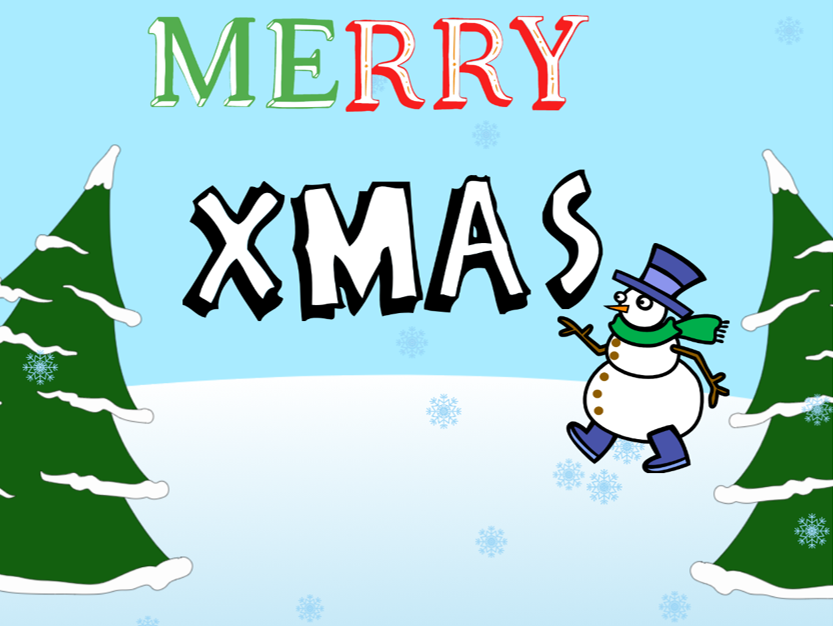 A snowy landscape with a snowman gesturing to the phrase Merry Xmas!