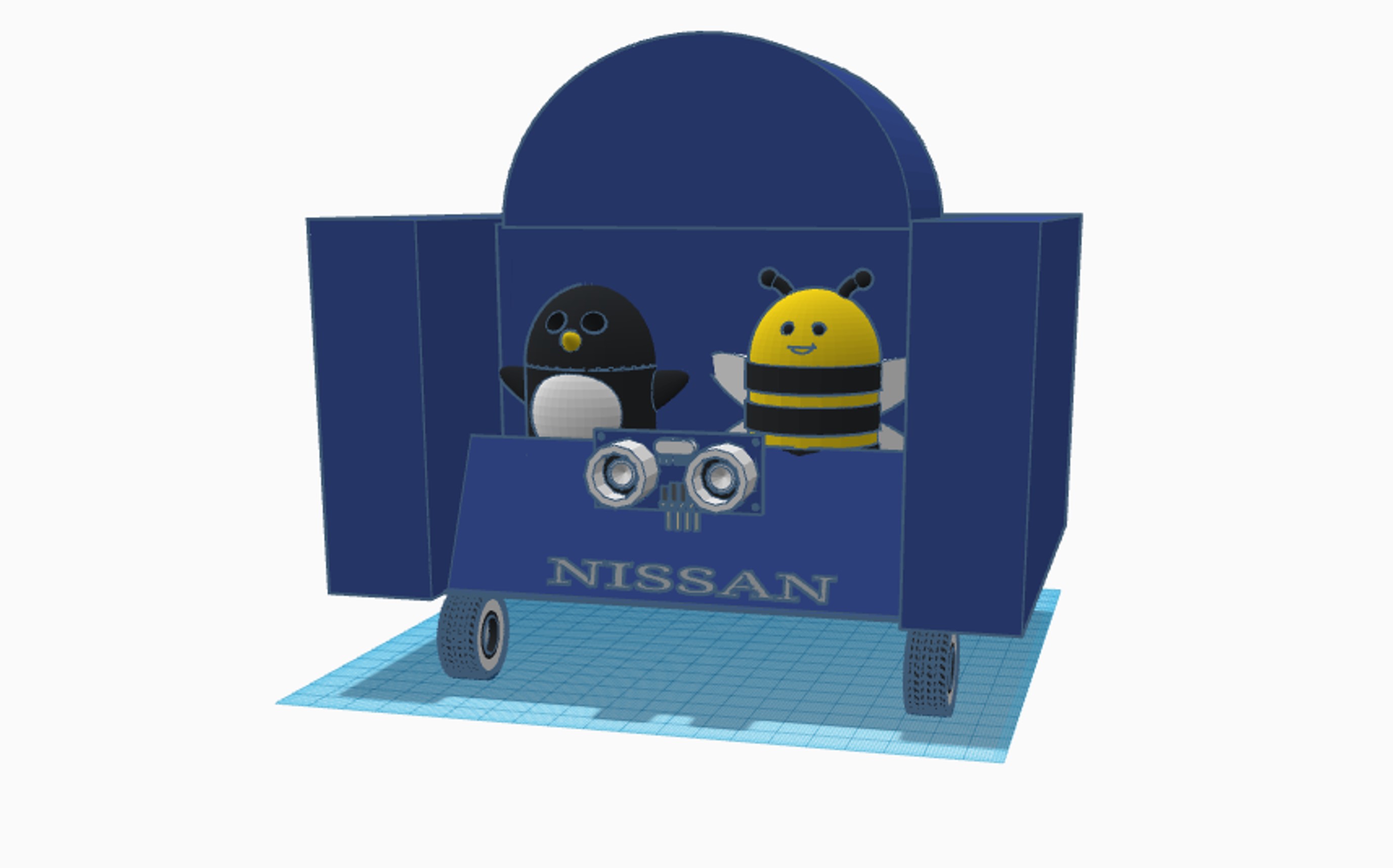 A dark blue car with Nissan on the front and a bee and penguin sitting in it.